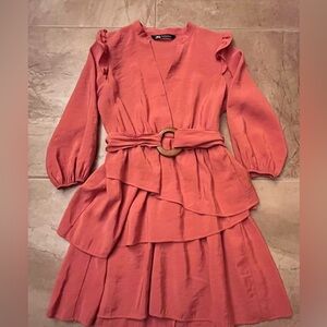 Zara Coral Long Sleeve Dress with Belt